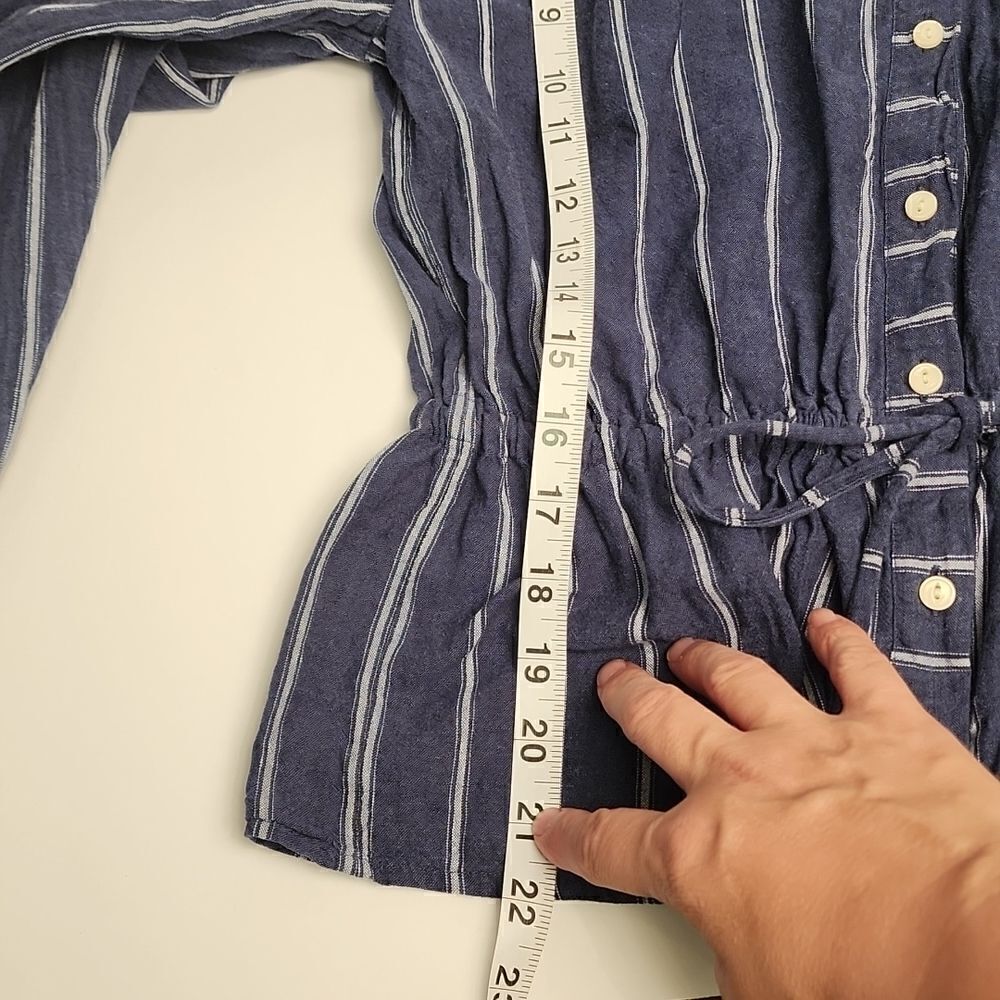 JCREW Linen Blend Denim Top Full Button Front Cinching Waist Contrasting Stripes - Picture 13 of 15